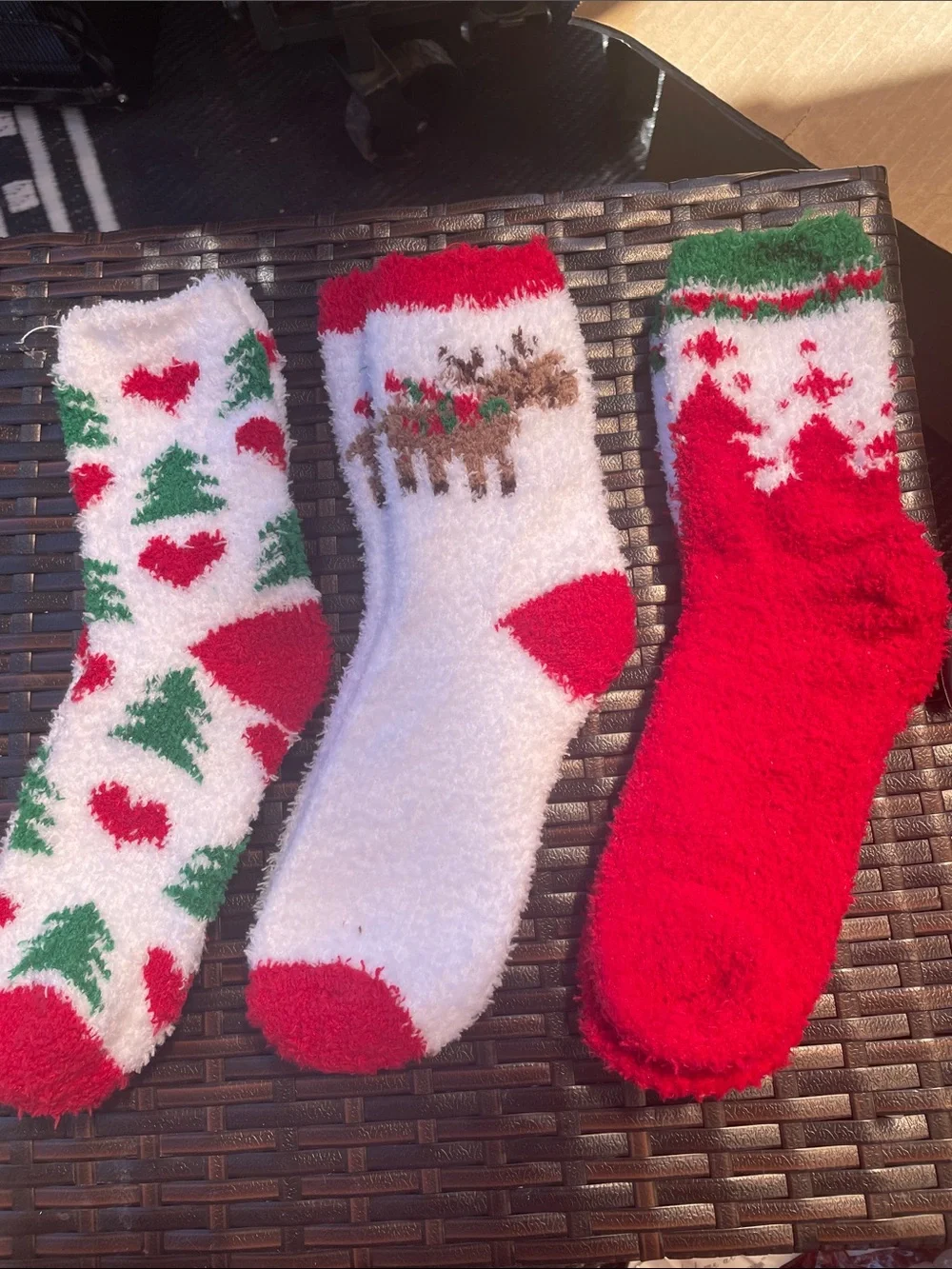 Cozy Holiday Fuzzy Socks - Red, White & Green, 3 pair
